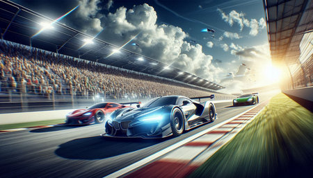 3D render of a sports car racing in a race track.