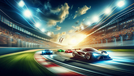 Sports car racing on the track at sunset. 3D rendering.