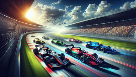 race cars on the race track at sunset, 3d rendering.