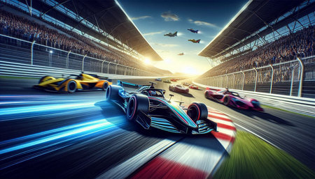 Racing car on the race track with motion blur. 3d rendering