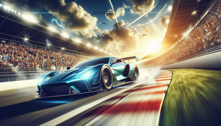 Sports car racing on the race track. 3d rendering toned image
