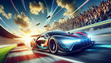 Sport car racing on the track with high speed. 3D rendering