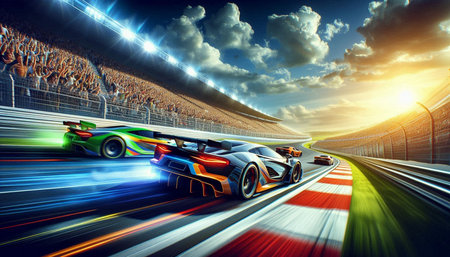 Sport car racing on the race track at sunset. 3D rendering