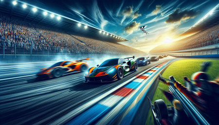 Racing cars in the race on the track. 3d rendering