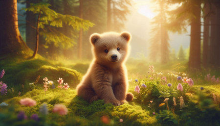 Cute little brown bear in the forest at sunset. 3d rendering