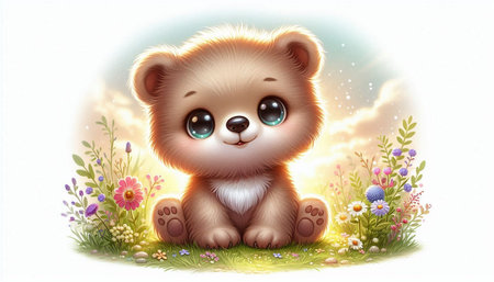 Cute cartoon bear sitting on the grass with flowers and sky background