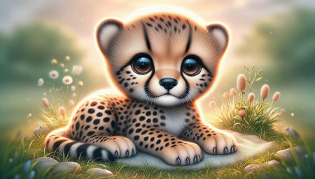 Cheetah sitting on grass and looking at camera. 3D rendering