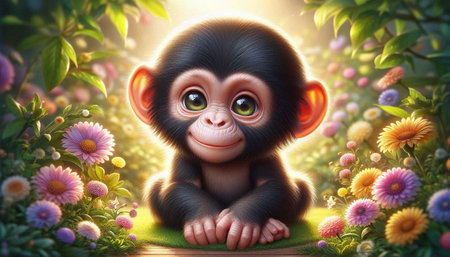Cute monkey sitting among the flowers in the garden. 3d illustration