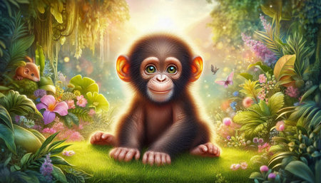 Monkey in the jungle - 3D render illustration for children.