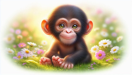 Baby monkey sitting on the grass with daisies and chamomiles