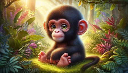 Little monkey sitting in the jungle. 3D illustration. Nature background.