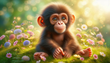 Chimpanzee sitting on the grass with flowers. 3d illustration