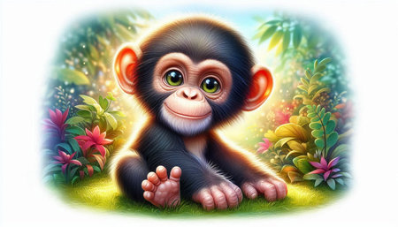 Cute monkey on a green meadow with flowers. Vector illustration.