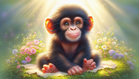 Chimpanzee sitting on the grass with flowers. 3d illustration