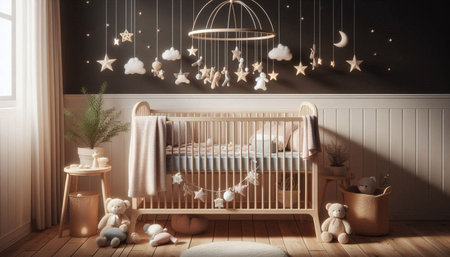 Baby room interior with crib, toys and lights. 3d rendering