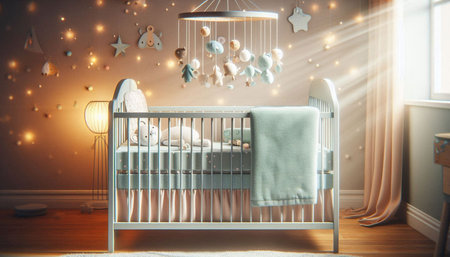 Baby room interior with crib, toys and lights. 3d rendering