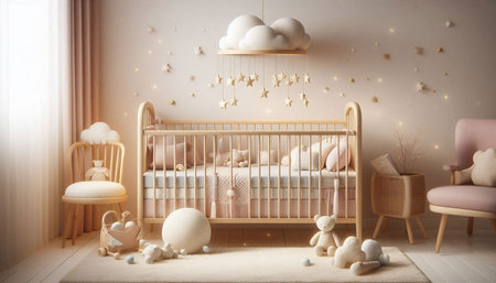 Baby room interior with crib and toys. 3d render illustration.