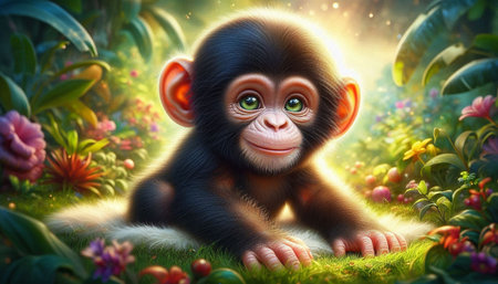 3D rendering of a cute little chimpanzee in the jungle.