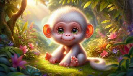 3D rendering of a cute baby monkey sitting in the jungle.