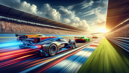 3D rendering of a sports car racing on a highway at sunset