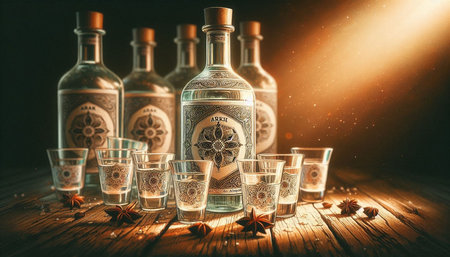 Vodka in a shot glass with anise stars on a wooden background