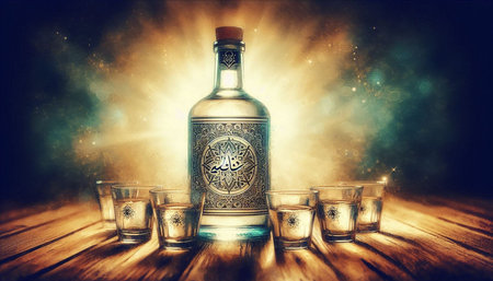 Vintage tequila bottle and glasses on a wooden table. Vintage style.