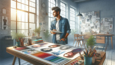 Young man standing in modern office and looking at color palette. Mixed media
