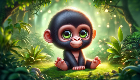 Little monkey sitting on the grass in the forest. 3D rendering