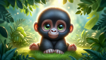 Cute little monkey sitting on green grass in the forest. 3D rendering
