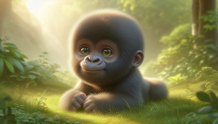 Baby Gorilla in the jungle. 3D render. Nature background.