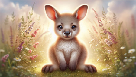 Cute baby kangaroo sitting in the grass with flowers.