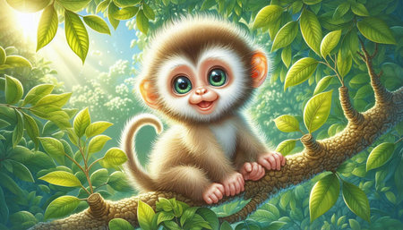 Cute cartoon monkey sitting on a tree branch with green leaves.