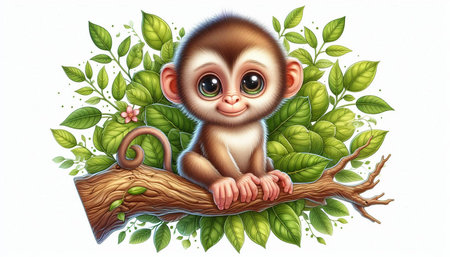 Cute monkey sitting on a tree branch surrounded by green leaves illustration