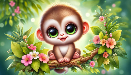 Cute cartoon monkey with green eyes sitting on a branch with flowers