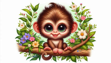 Cute little monkey on a branch with flowers and leaves illustration.