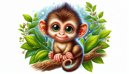 Cute monkey sitting on a branch with green leaves and flowers illustration