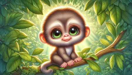 cartoon scene with cute monkey in the forest - illustration for children