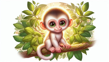 Illustration of a cute baby monkey sitting on a branch surrounded by leaves