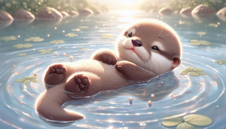 Cute little otter floating in the water. 3D rendering