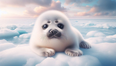 Cute baby seal sitting on the ice. 3d illustration.