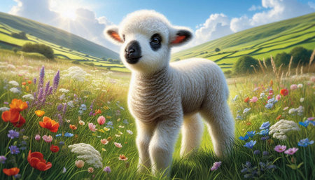 Cute lamb in the meadow with flowers. 3d rendering