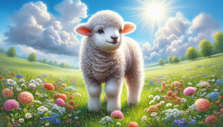 Cute lamb standing in the meadow with flowers and blue sky