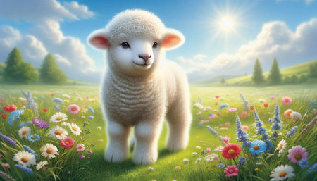 Cute lamb standing in the meadow with flowers. 3d rendering