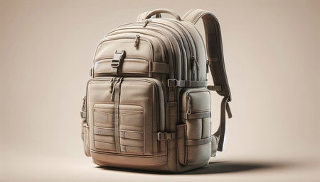 3D rendering of a brown backpack on a beige background.