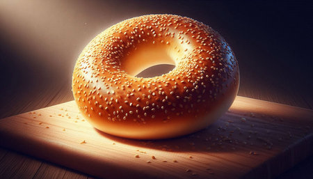 Bagel with sesame seeds on a wooden board, dark background