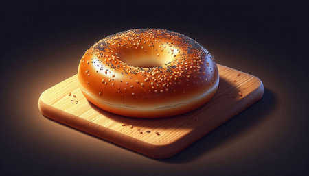 Bagel with poppy seeds on a wooden board. 3d illustration