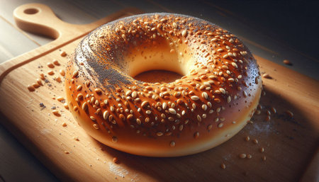 Fresh baked bagel with sesame seeds on a wooden board.
