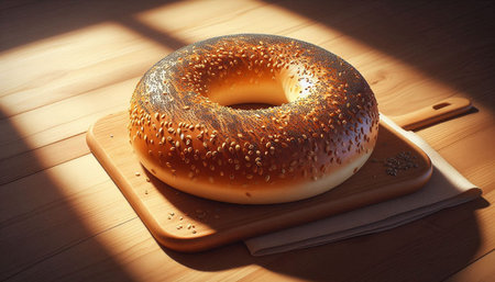 Bagel with chocolate glaze on a wooden background. 3d rendering