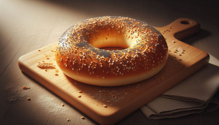 Bagel with sesame seeds on a wooden cutting board.