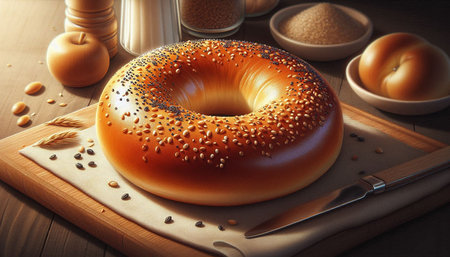 Bagel with poppy seeds on a wooden board. 3d rendering